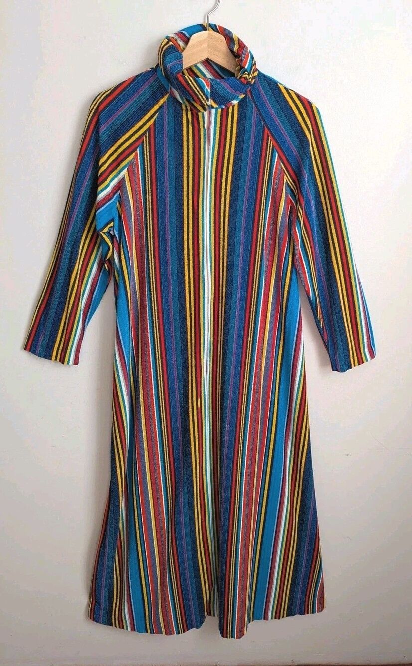 Vintage 70s Rainbow Stripe Terrycloth Lounge Robe Zip Caftan S Mod Groovy Retro